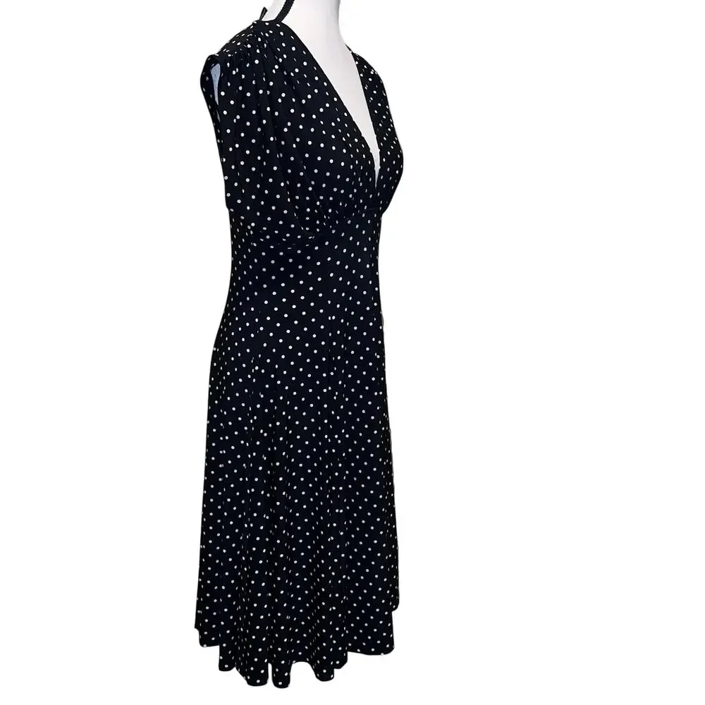 Norma Kamali Polka Dot Swing Dress Black White V-Neck Midi Flared A-Line Size L - Picture 3 of 12